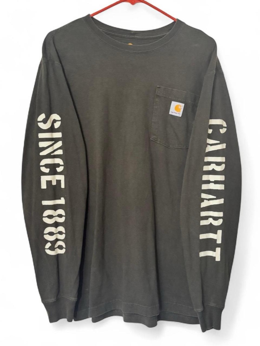 Carhartt Long Sleeve Pocket Tee in Charcoal with White Sleeve Graphics